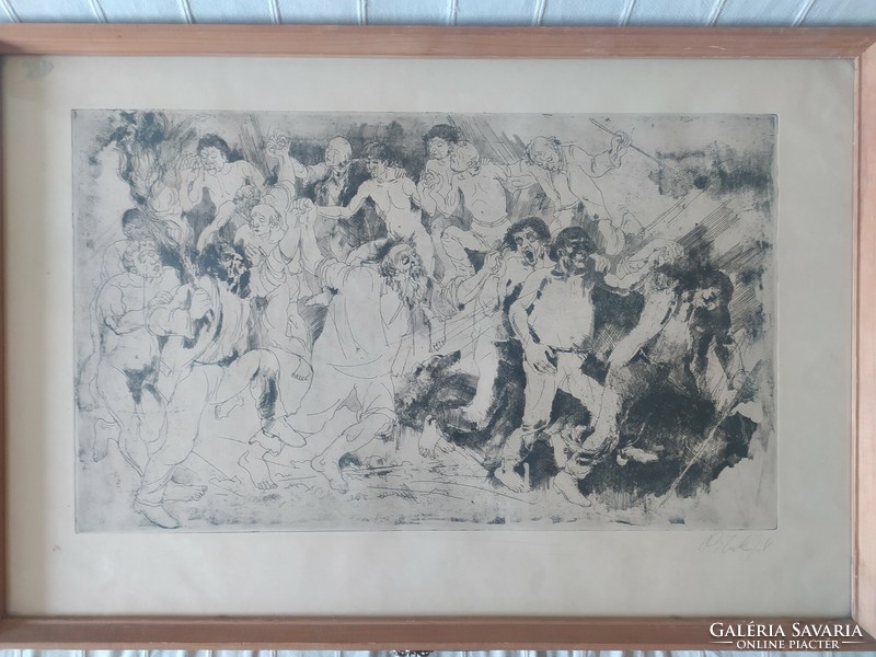 József Pituk - vagabonds rarer large-scale etching, in original frame, signed, 85 x 51 cm