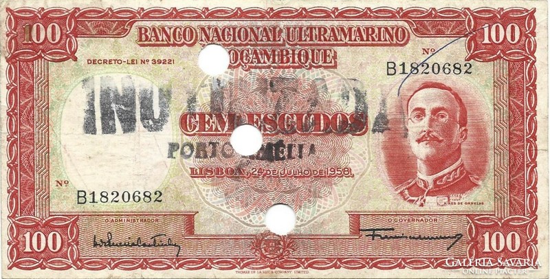 100 Escudos 1958 Mozambique overstamped