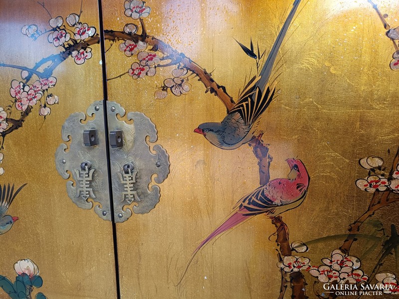 Antique Chinese furniture painted plant bird motif large gold lacquer 5 door cabinet 604 7799