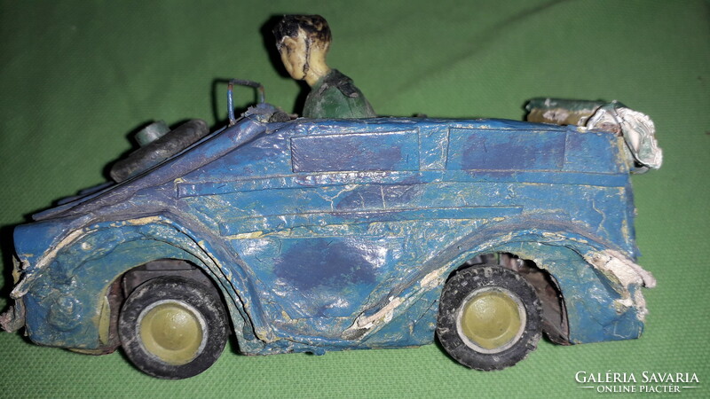 Antique paper mache metal chassis kübelwagen wwii. Extremely rare 14 cm toy car with flywheel according to the pictures