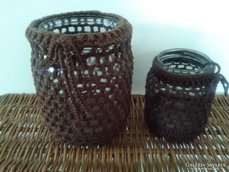 Candle holder - with crochet mantle / 2 pcs