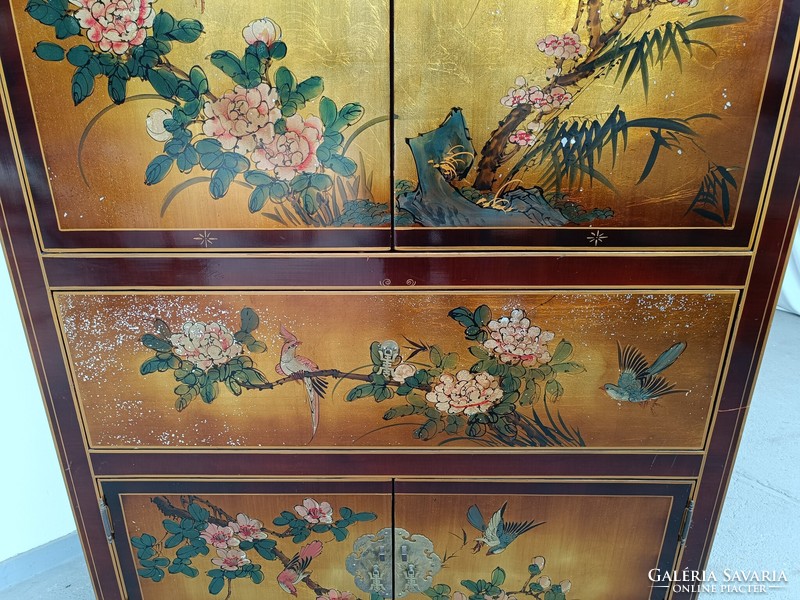 Antique Chinese furniture painted plant bird motif large gold lacquer 5 door cabinet 604 7799