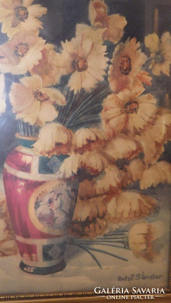 Antal Sándor akvarell festmény virágcsendélet vázával