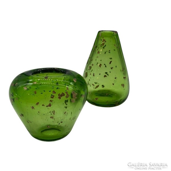 Zöld-arany kisméretű üveg váza pár - M1354