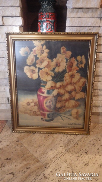 Watercolor painting by Sándor Antal with a floral still life vase