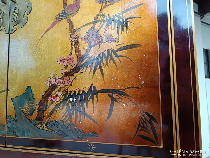 Antique Chinese furniture painted plant bird motif large gold lacquer 5 door cabinet 604 7799