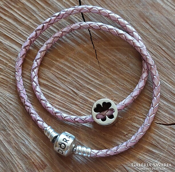 Pandora beaded, braided leather bracelet with luck and courage charm