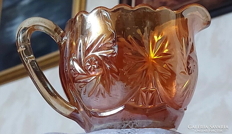 Art Nouveau Fenton carnival milk pouring jug in iridescent golden amber color