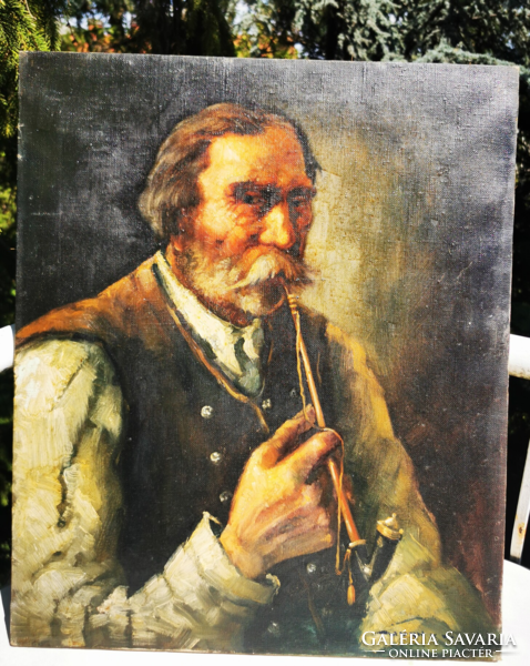 Old peasant smoking a pipe, antique oil painting
