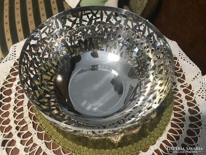 Vintage, stainless steel, shiny surface, openwork large bowl, for cookies, bread, etc.