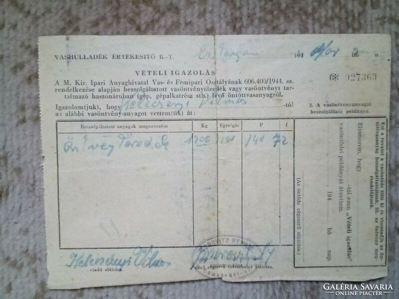 Sales certificate of scrap metal 1941