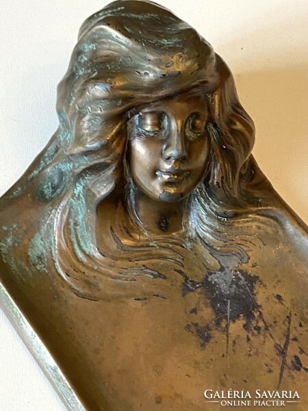 Art Nouveau copper desk ornament pen holder with girl portrait statue decoration