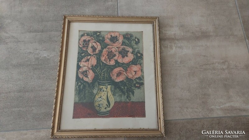 (K) imre istván linocut 53x44 cm with frame poppies