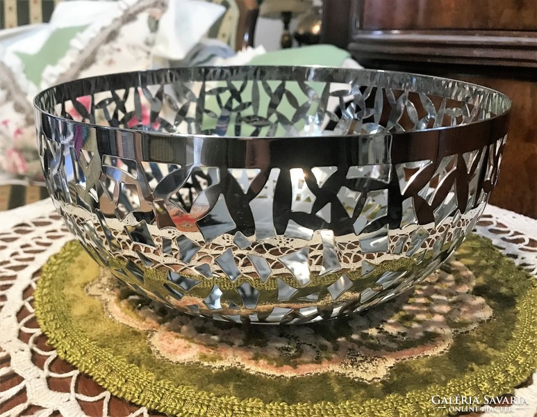 Vintage, stainless steel, shiny surface, openwork large bowl, for cookies, bread, etc.