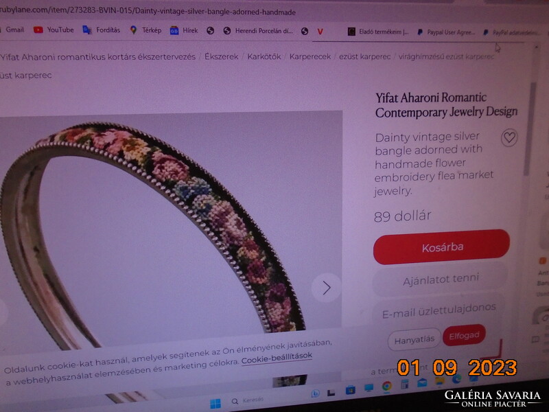 1930 Vintage needle tapestry rose embroidered copper bracelet