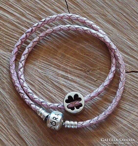 Pandora beaded, braided leather bracelet with luck and courage charm