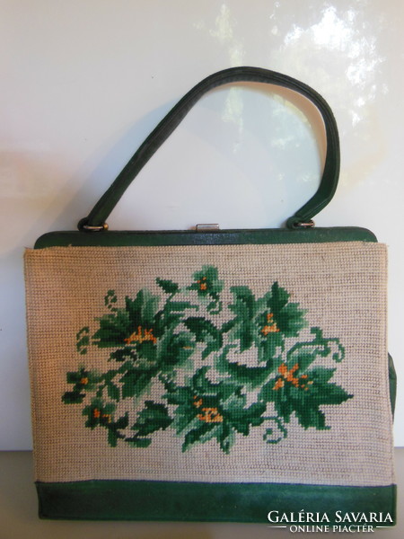 Reticule - tapestry - hand sewn - suede + purse + mirror - Austrian