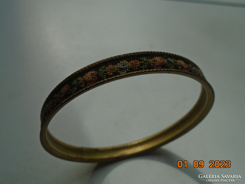 1930 Vintage needle tapestry rose embroidered copper bracelet