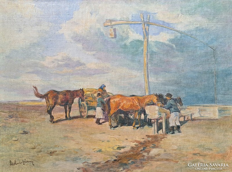 Molnár János jelzéssel paraszti életkép lovakkal (régi olajfestmény kerettel) Alföld