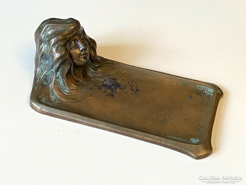 Art Nouveau copper desk ornament pen holder with girl portrait statue decoration