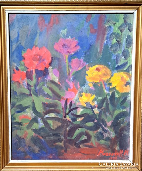 Miklós Mazsaroff: copper flowers (oil tempera, in frame) 1980s - painter from Miskolc