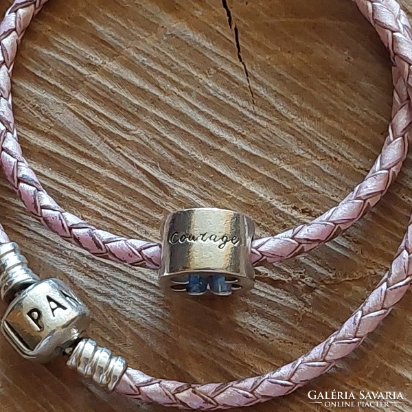 Pandora beaded, braided leather bracelet with luck and courage charm