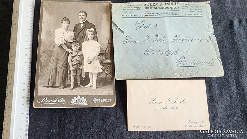 Judaica approx. 1908 Paper merchant Stern Izidor family photo + business card + advertising company envelope