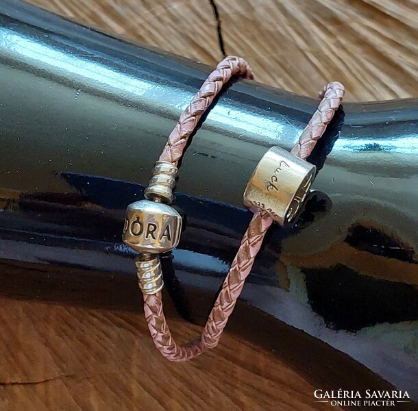 Pandora beaded, braided leather bracelet with luck and courage charm