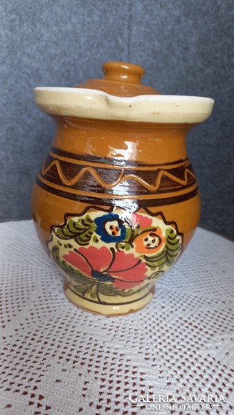 Korondi glazed ceramic milk jug, handmade/painted, 20 cm, opening diameter: 13.5 cm, marked