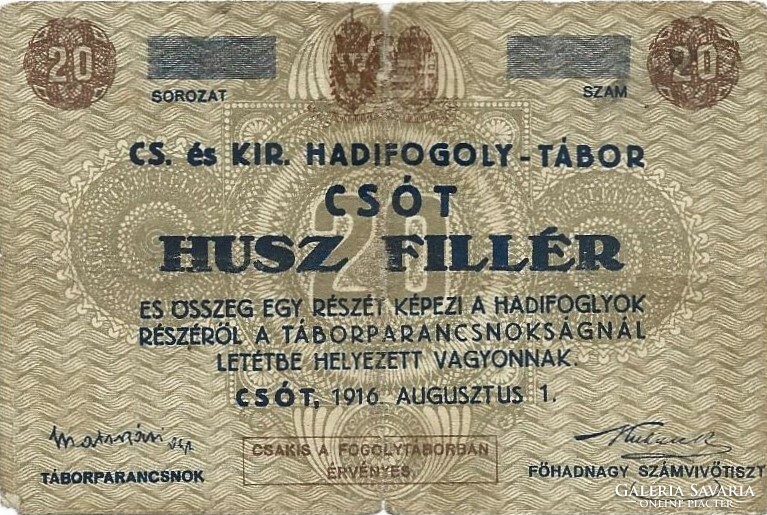 20 fillér 1916 Csót Hadifogoly-tábor Ritka