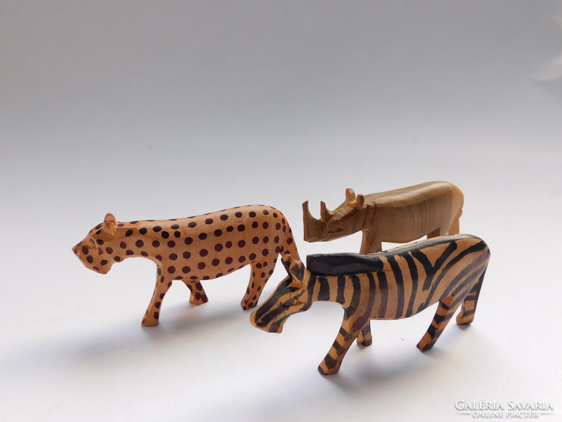 African animals carved from tropical wood - 3 pieces - rhinoceros, leopard, zebra