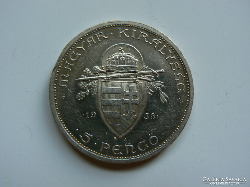 Saint István silver 5 pengő coin, Kingdom of Hungary 1938, original!