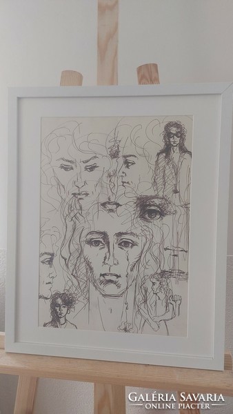 (K) beautiful ink drawing graphic with 53x43 cm frame