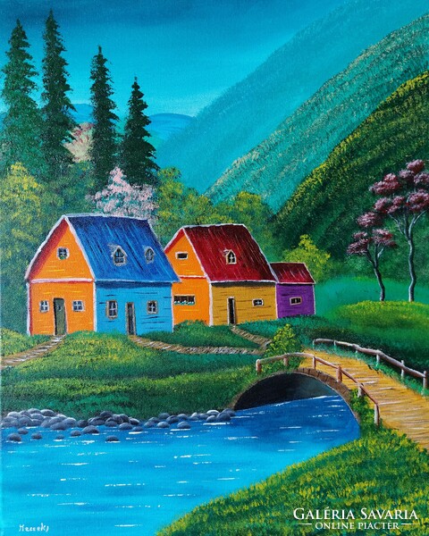 Houses in the green -painting