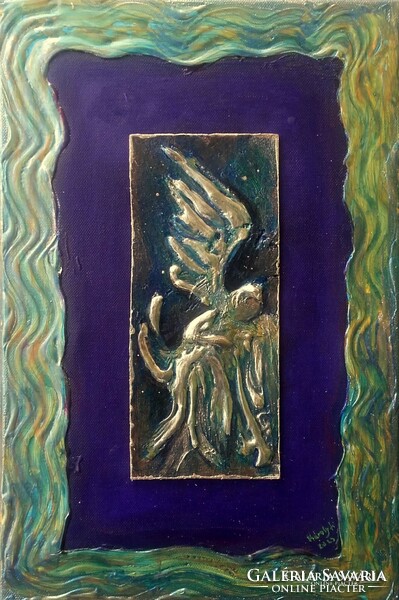 Angel flute 41x27 cm. A brilliant work in Eosin, by an award-winning artist, with certificate and invoice.