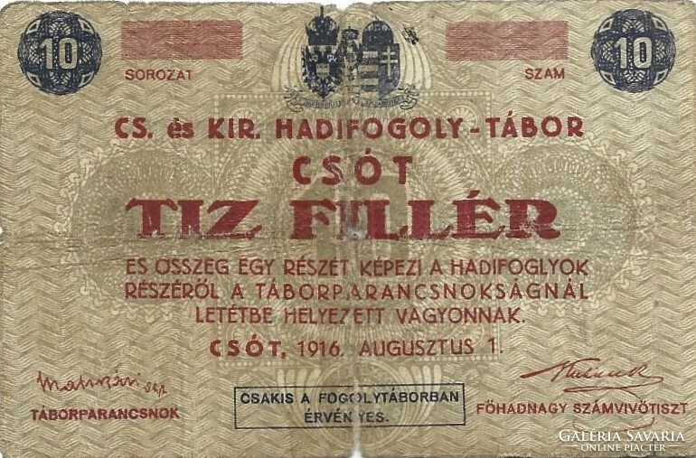 10 fillér 1916 Csót Hadifogoly-tábor Ritka