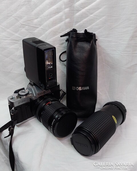 Minolta xg-1 camera tokina rmc 28-70 mm lens and osawa obj. And saligar mk-6a flash