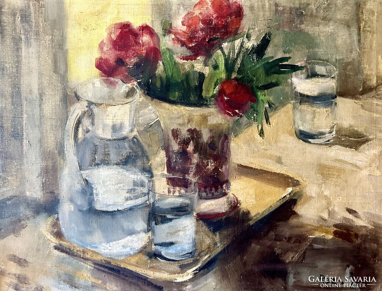 János Rozs - flower still life - oil canvas painting