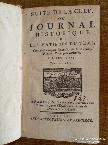 Antik könyv 1770 SUITE DE LA CLEF OU JOURNAL HISTORIQUE SUR LES MATIERESDU TEMS tome CVIII