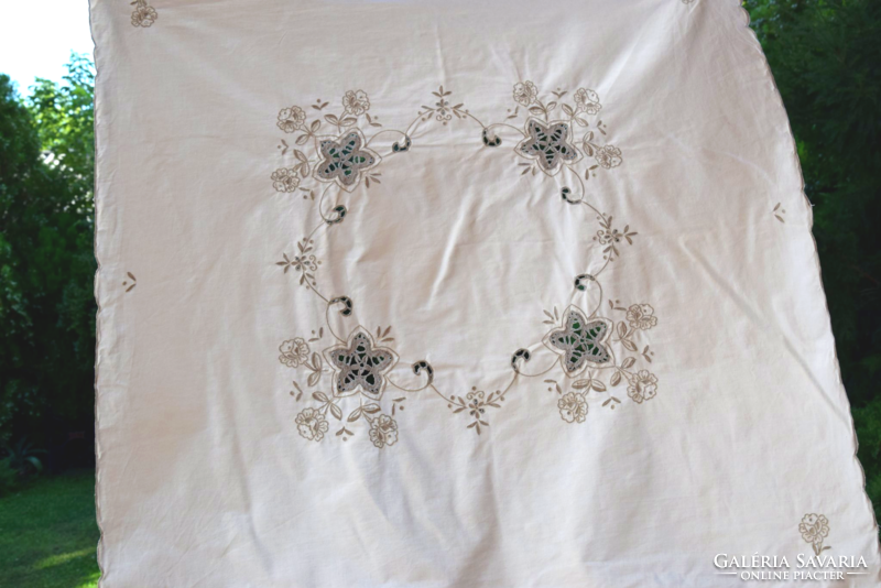 Embroidered tablecloth with crochet insert, table centerpiece 76 x 80