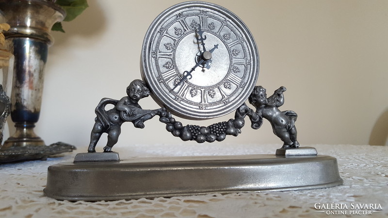 Beautiful, old, angelic, putty pewter table clock