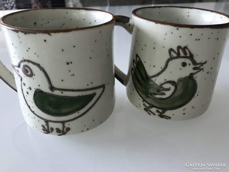 Handmade ceramic mugs with hand-painted bird motifs, 9 cm high