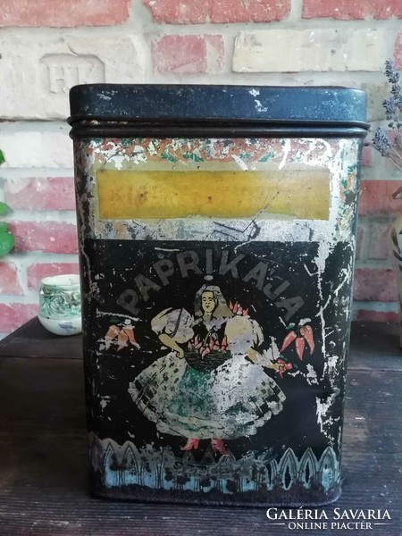 Szeged paprika box, marked Kiss Brothers, large tin, colander storage