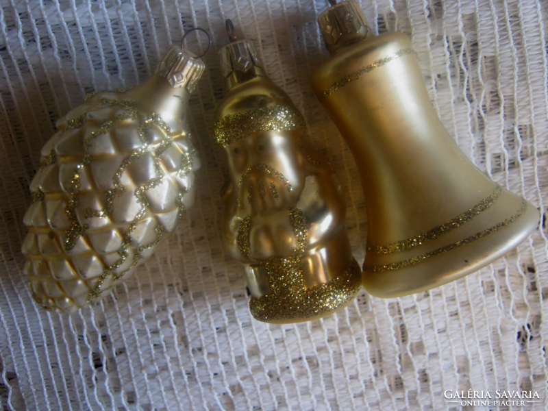 3 Shiny gold Christmas tree decorations Santa Claus and bell cone