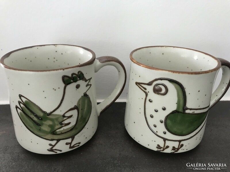 Handmade ceramic mugs with hand-painted bird motifs, 9 cm high