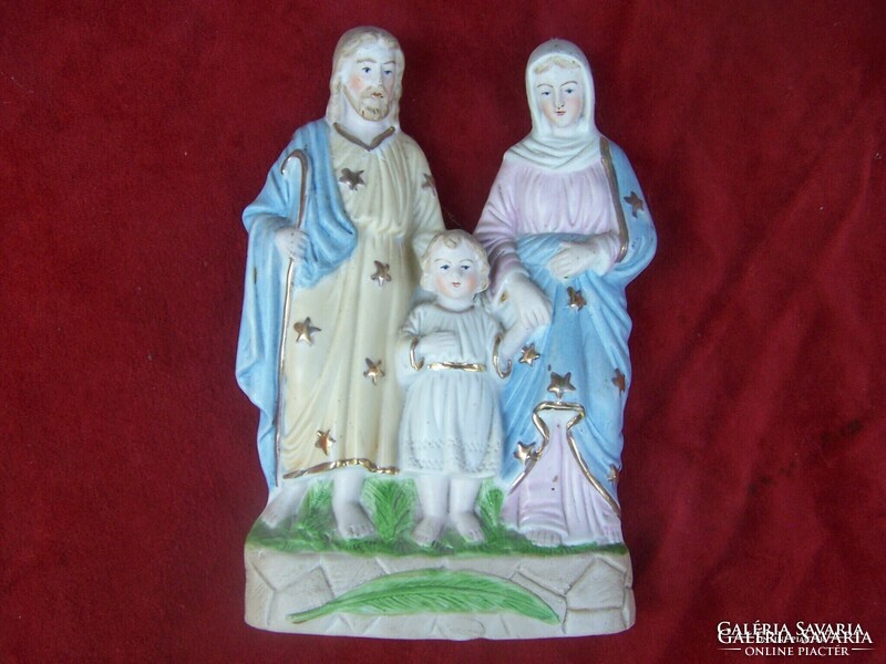 The Holy Family colorfully painted, gilded porcelain faience statue group -