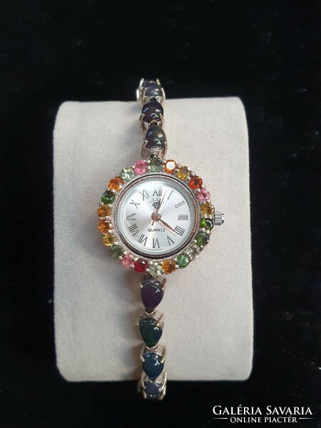 Silver women's watch 85 ct richly loaded with genuine opal gems and tourmalines! Guaranteed!
