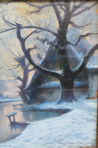 1939 Marked winter landscape, waterfront painting in blonde picture frame