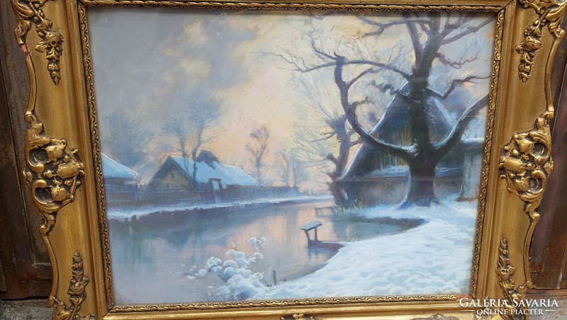 1939 Marked winter landscape, waterfront painting in blonde picture frame