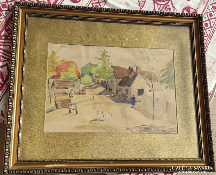 Watercolor landscape with a golden border in a golden frame